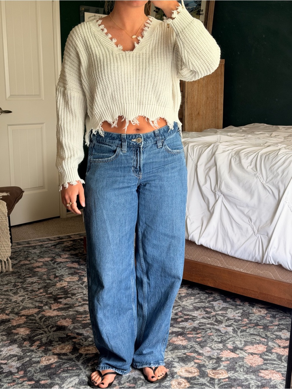 Cropped Distressed Crochet White V-neck Sweater